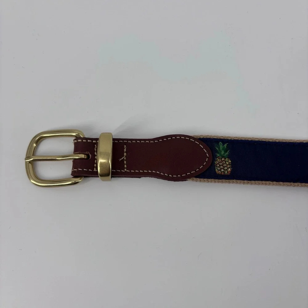 Morris & King Charleston Pineapple Ribbon Canvas Leather Belt Mens 34 Preppy